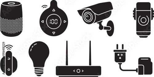 Smart home devices and gadgets icon set in black