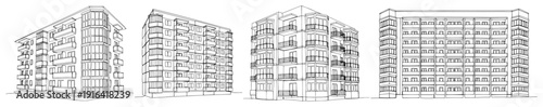 Collection of modern multi story apartment buildings and residential block architecture line drawings