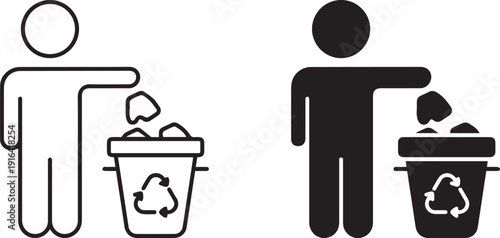 simple icons, black and white, person, recycle bin, minimalist, vector graphic person throwing trash into recycling bin,