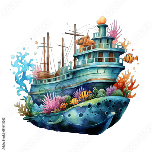 Watercolor Shipwreck Clipart with Vibrant Coral Reef and Tropical Fish, Sunken Blue Steamship with Masts and Sea Anemones, Nautical Underwater Illustration