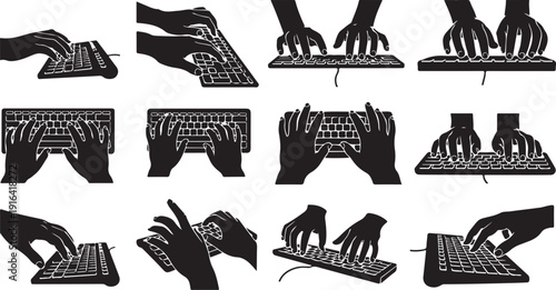 Hands typing on keyboards in various positions and styles