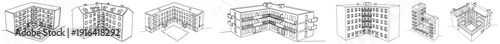 Set of seven minimalist apartment buildings with inner courtyards in continuous line drawing style