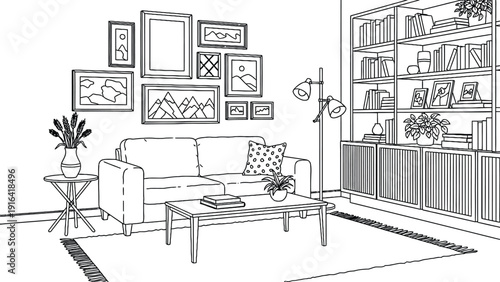 A cozy living room line drawing features a sofa with a polka dot pillow, a framed artwork gallery wall, a bookshelf, plants, and a standing lamp.