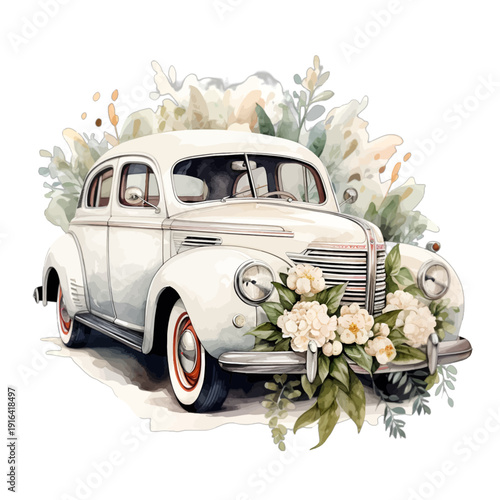 Elegant Watercolor Vintage Wedding Car Clipart, Classic White Retro Automobile with White Peonies and Greenery Floral Decor for Just Married Designs