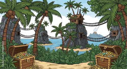 Vector illustration of a tropical pirate island landscape with palm trees, wooden treasure chests overflowing with gold coins, rope bridges, and a distant volcano.