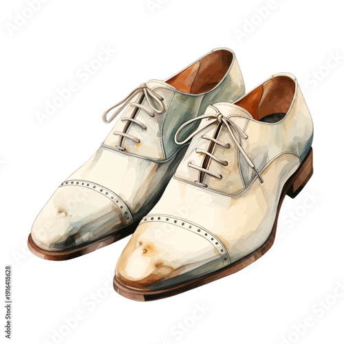 Elegant Men's Cream Leather Oxford Wedding Shoes, Sophisticated Formal Groom's Footwear with Lace-Up Detail, Watercolor Clipart Illustration