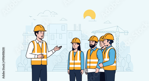 Construction team meeting discussing blueprints on a building site with a crane in the background