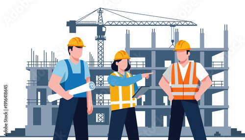 Skilled construction workers and engineers collaborating on a dynamic building site, emphasizing teamwork and efficient project management in urban development