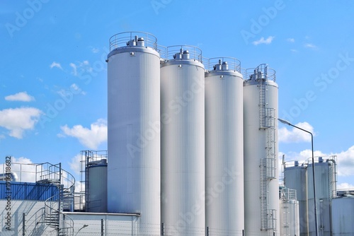 Towers, storage facilities of a modern dairy plant