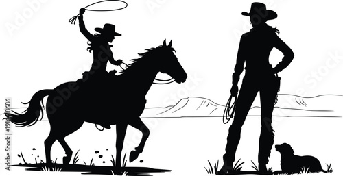 Western cowboy silhouette with horse rider using lasso, standing rancher with rope and dog, mountain landscape illustration symbolizing ranch life, horsemanship, and countryside adventure themes