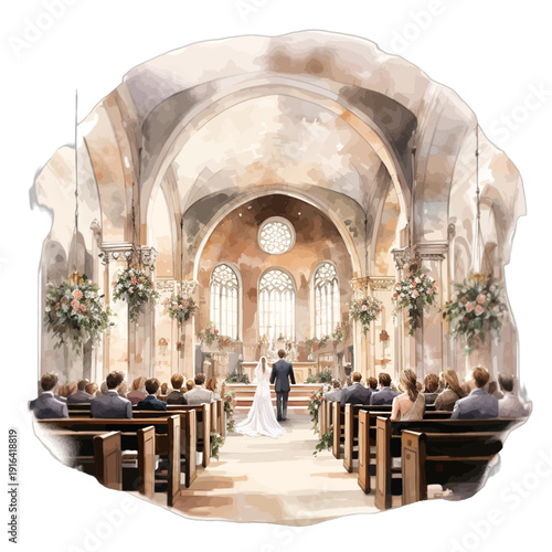 Elegant Watercolor Church Wedding Ceremony Illustration, Bride and Groom at Altar in Historic Cathedral with Floral Decor and Guests, Romantic Vignette Clipart
