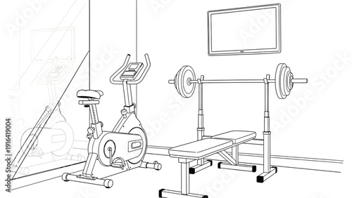 Line drawing of a gym with a stationary bike and barbell bench press under a wall-mounted TV. The setting feels simple and functional.