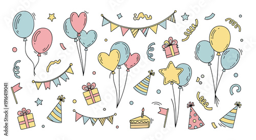Colorful party celebration icons with balloons, gifts, and decorations isolated on transparent background