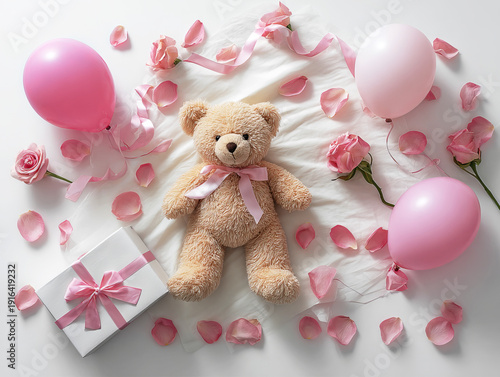 Flat Lay Arrangement with Teddy Bear and Romantic Decorations