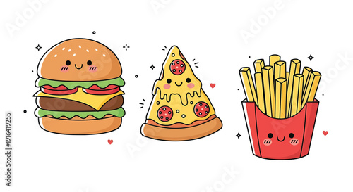 Cartoon fast food icons including hamburger, pizza slice, and french fries with smiling faces, isolated on transparent background