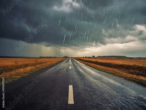 Torrential Rainfall on an Empty Countryside Road under Moody Skies