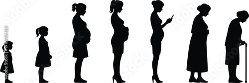 Female aging life cycle silhouette showing girl growth pregnancy motherhood modern lifestyle senior old age stages isolated illustration concept