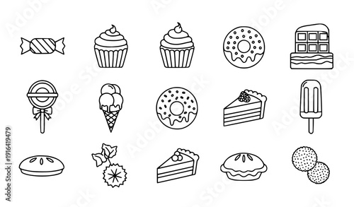 Sweet Treats Outline Icons Candy Cupcake Donut Vector EPS 10