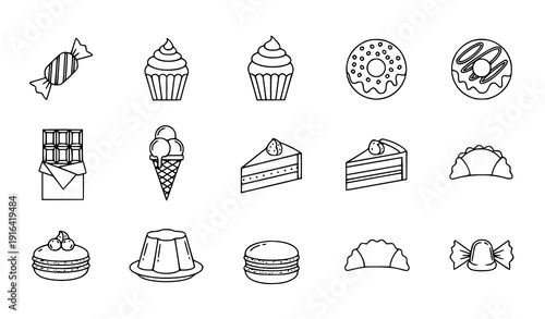 Thin Line Dessert Icons Candy Cupcake Donut Chocolate Vector EPS 10