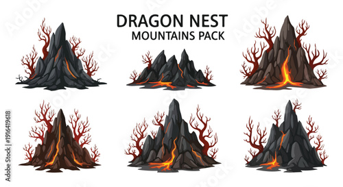 Vector illustration pack of dark charcoal volcanic mountains with glowing orange lava flows and sparse red leafless trees, isolated on transparent background.