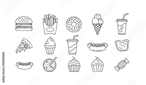 Fast Food and Dessert Stroke Icons Burger Fries Donut Vector EPS 10