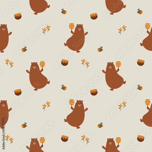 Bear and honeycomb cartoon so cute. On bee honey flower background. Pattern seamless vector illustration. 