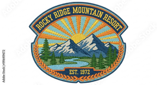 Vibrant mountain resort patch with stunning sunrise landscape