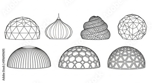 Architectural dome wireframe collection. Includes geodesic, ribbed, spiral, honeycomb, and triangular grid dome structures. Created in outline style with black and white palette.