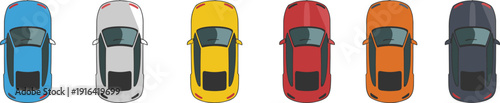 Top‑down view of six colorful cars aligned in a row, automotive illustration showcasing vehicle design, color variety, transportation concept, selection, and modern car comparison themes