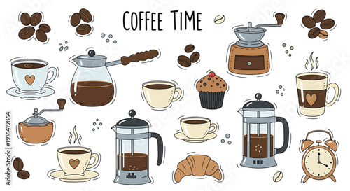 Collection of coffee cups, French press, coffee beans, croissant, and clock on white background