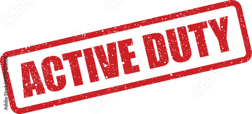 Distressed rectangular rubber stamp with the words ACTIVE DUTY in bold letters, conveying an official status