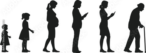 Female life cycle silhouette from child to elderly using smartphone isolated on white background, aging stages, technology lifestyle concept