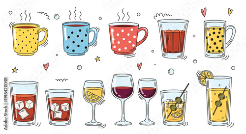 A set of colorful cartoon mugs and glasses with various drinks, isolated on transparent background