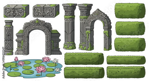 Vector set of ancient stone ruins with moss, including arches, columns, and blocks, alongside green hedge elements and a lily pond, isolated on transparent background.