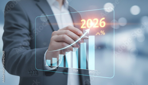 Photography Businessman showing increasing graph on virtual screen planning business growth