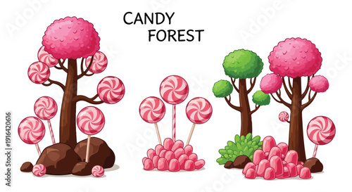 Vector illustration of a whimsical candy forest with pink lollipop trees, green bushes, and chocolate rocks, isolated on a white background.