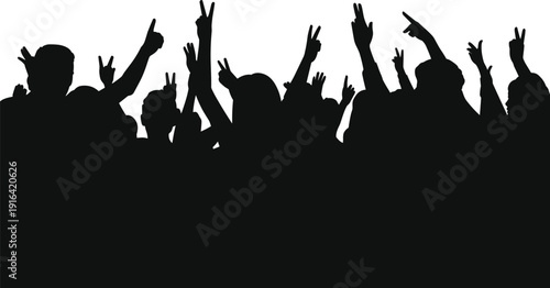 Crowd silhouette with raised hands cheering and celebrating isolated on white background, concert audience, festival crowd, success and victory concept