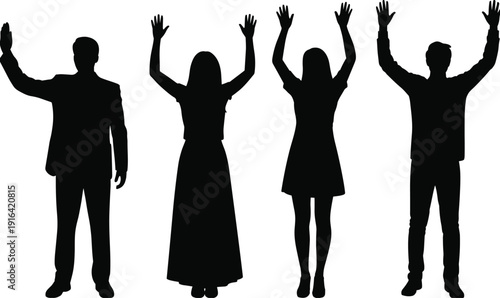 People raising hands silhouette showing celebration freedom success unity victory teamwork happiness motivation isolated on white background illustration concept