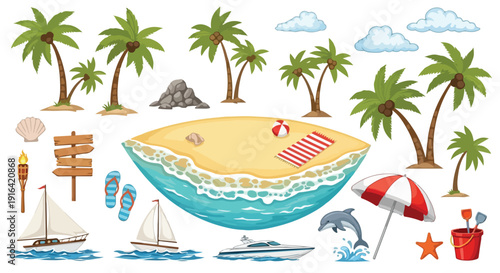 Vector illustration set of tropical beach elements including palm trees, sandy shore, ocean waves, sailboats, umbrella, and flip-flops, isolated on white background.