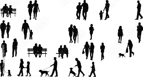 People silhouettes set, walking couples families pedestrians and dog owners isolated on white background lifestyle illustration
