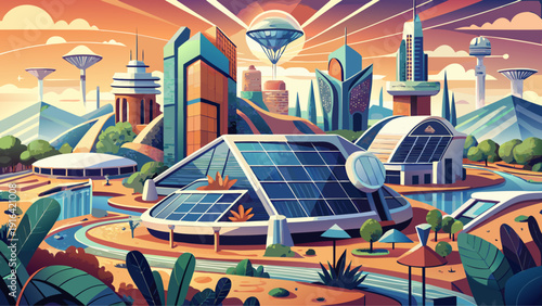 Very beautiful AI-integrated desert arcology with mirrored solar façades and shaded inner gardens, blending advanced robotics, renewable energy grids, and self-sustaining residential ecosystems for 20