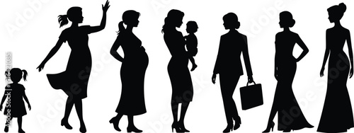 Female life stages silhouette from little girl to adult woman pregnancy motherhood career elegance isolated on white background illustration