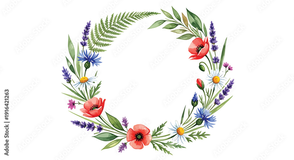 Naklejka premium Watercolor floral wreath with poppies, lavender and ferns isolated on transparent background