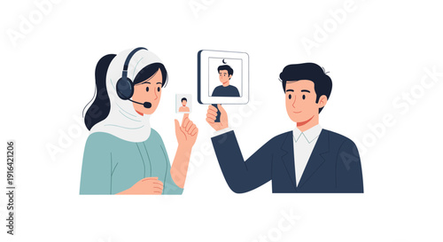 A customer support representative wearing a headset assists a client via video call on a mobile phone, conveying a sense of modern customer service.