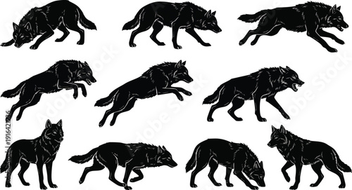 Black Wolf Silhouettes in Various Poses.