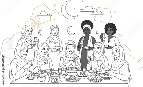 Diverse group of smiling women gathered around a beautifully set table celebrating the evening meal of Iftar during Ramadan observance