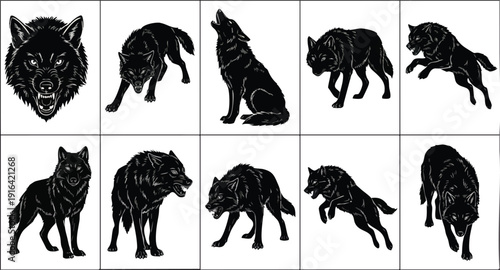 Black Silhouette Wolf Various Poses Illustration.