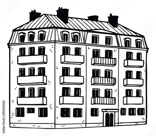 Hand drawn black and white sketch of a classic multi story residential apartment building with balconies and mansard roof, ideal for urban architecture or real estate related projects.