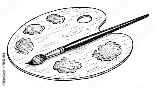 Detailed sketch of a painters wooden palette featuring various blobs of paint and a brush, ideal for educational content, hobby projects, or creative workshop promotions.