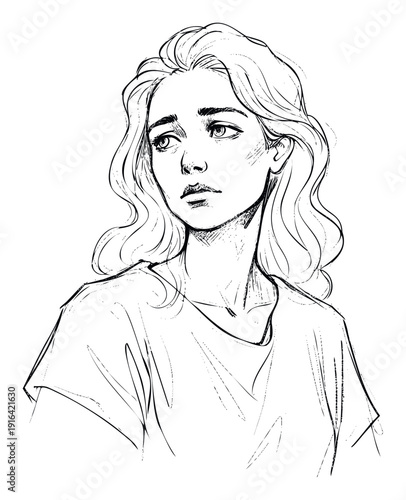 Young woman with flowing wavy hair and a pensive expression captured in a dynamic sketch style perfect for blogs and social media content